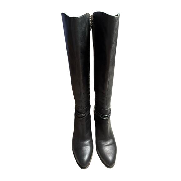 UGG Neoma Black Leather Knee High Heeled Boots Braided Strap Women’s Size 9.5 - Picture 3 of 9